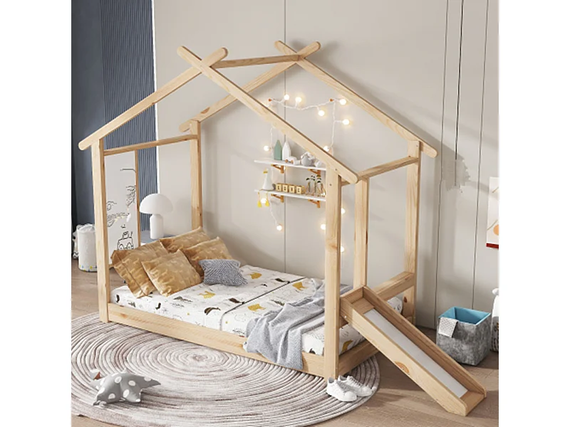 Kinderbett, Einzelbett,Schönes Dachdesign, Mit beschreibbarer Weißwandtafel,90x200cm