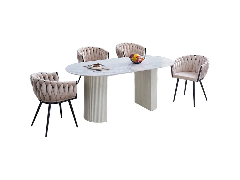 Table à manger ANNA plateau en céramique marbré blanc L 180 cm