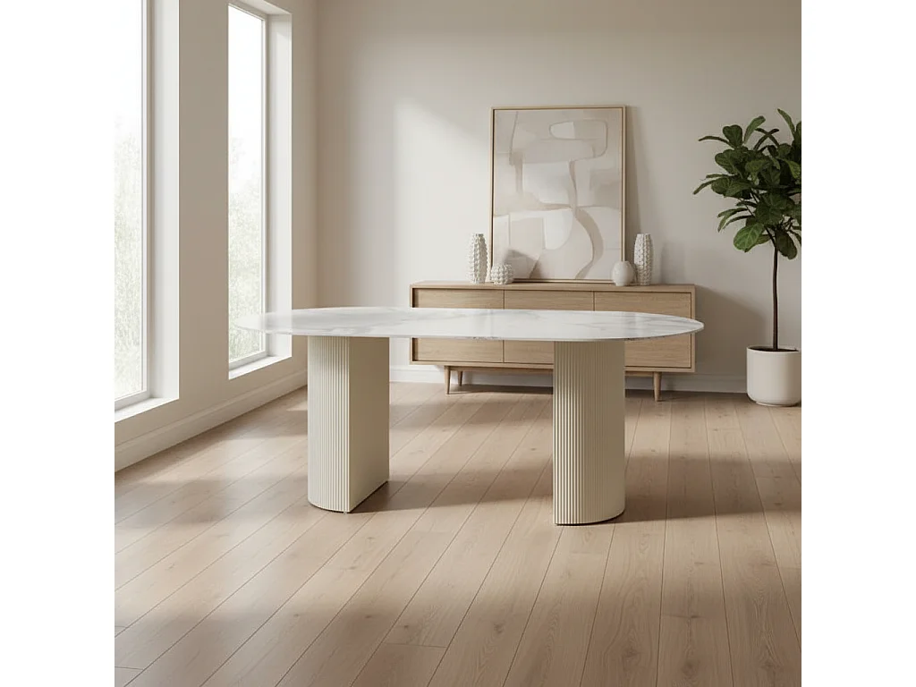 Table à manger ANNA plateau en céramique marbré blanc L 180 cm