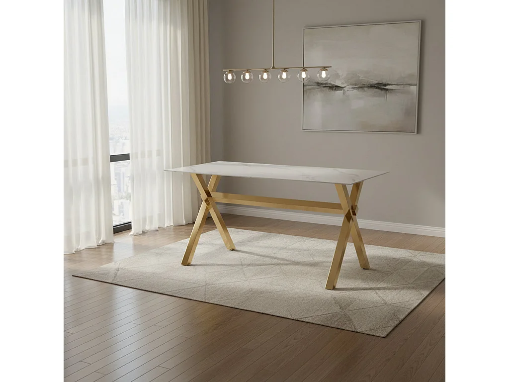 Table Repas IXE – Pied Gold & Verre Trempé – 150x90x75 cm
