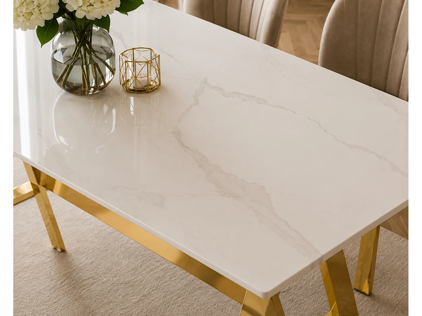 Table Repas IXE – Pied Gold & Verre Trempé – 150x90x75 cm