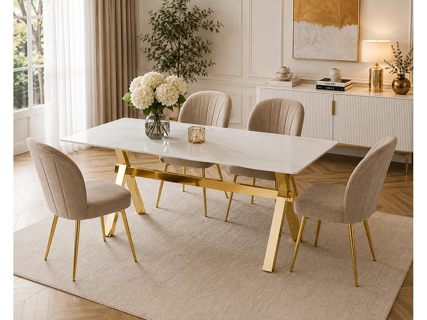 Table Repas IXE – Pied Gold & Verre Trempé – 150x90x75 cm