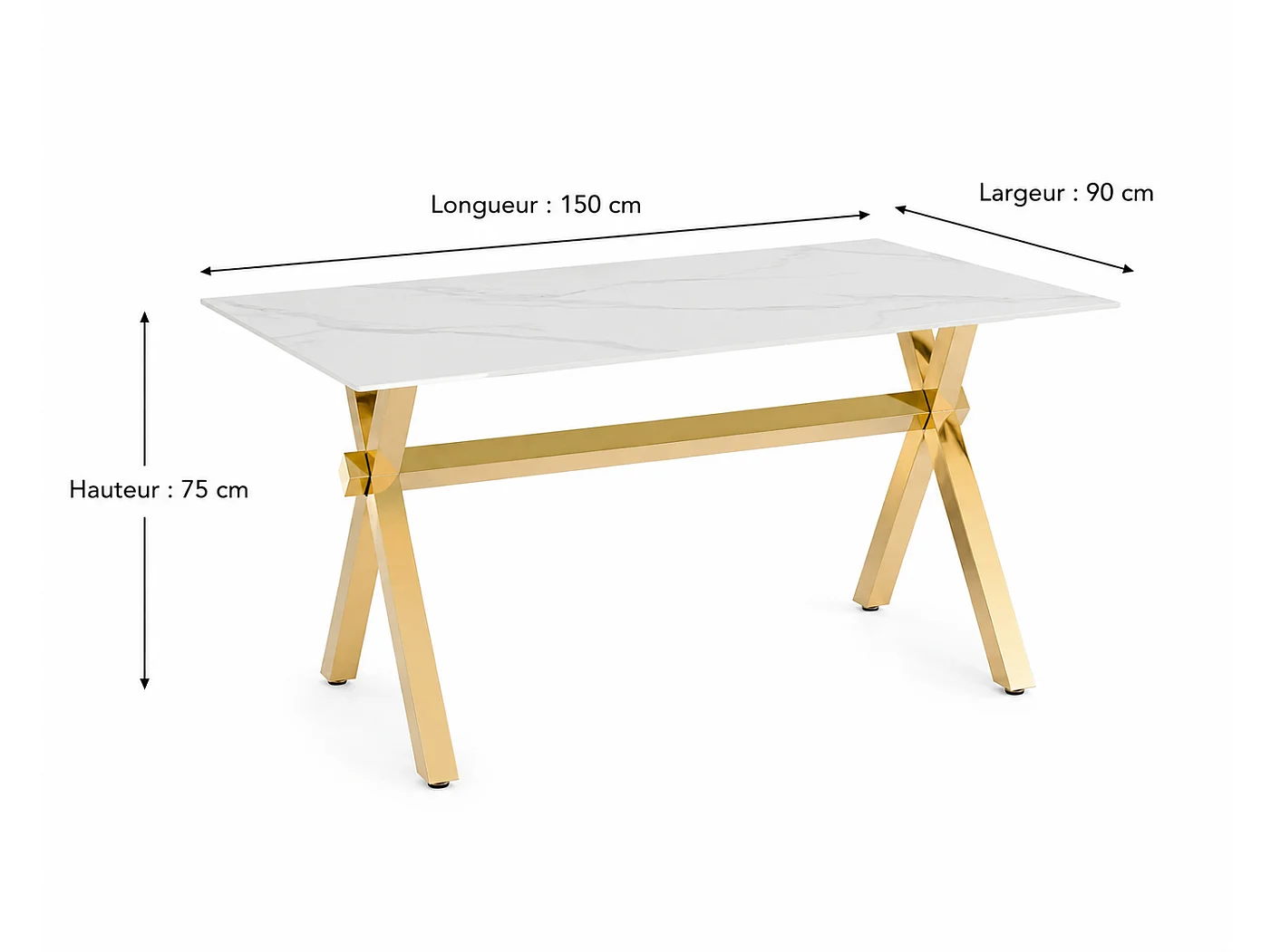 Table Repas IXE – Pied Gold & Verre Trempé – 150x90x75 cm