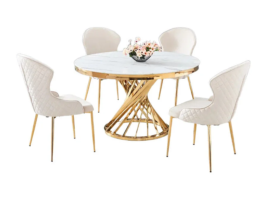 Table à manger ronde en verre trempé effet marbre blanc Gold - NAUTILUS