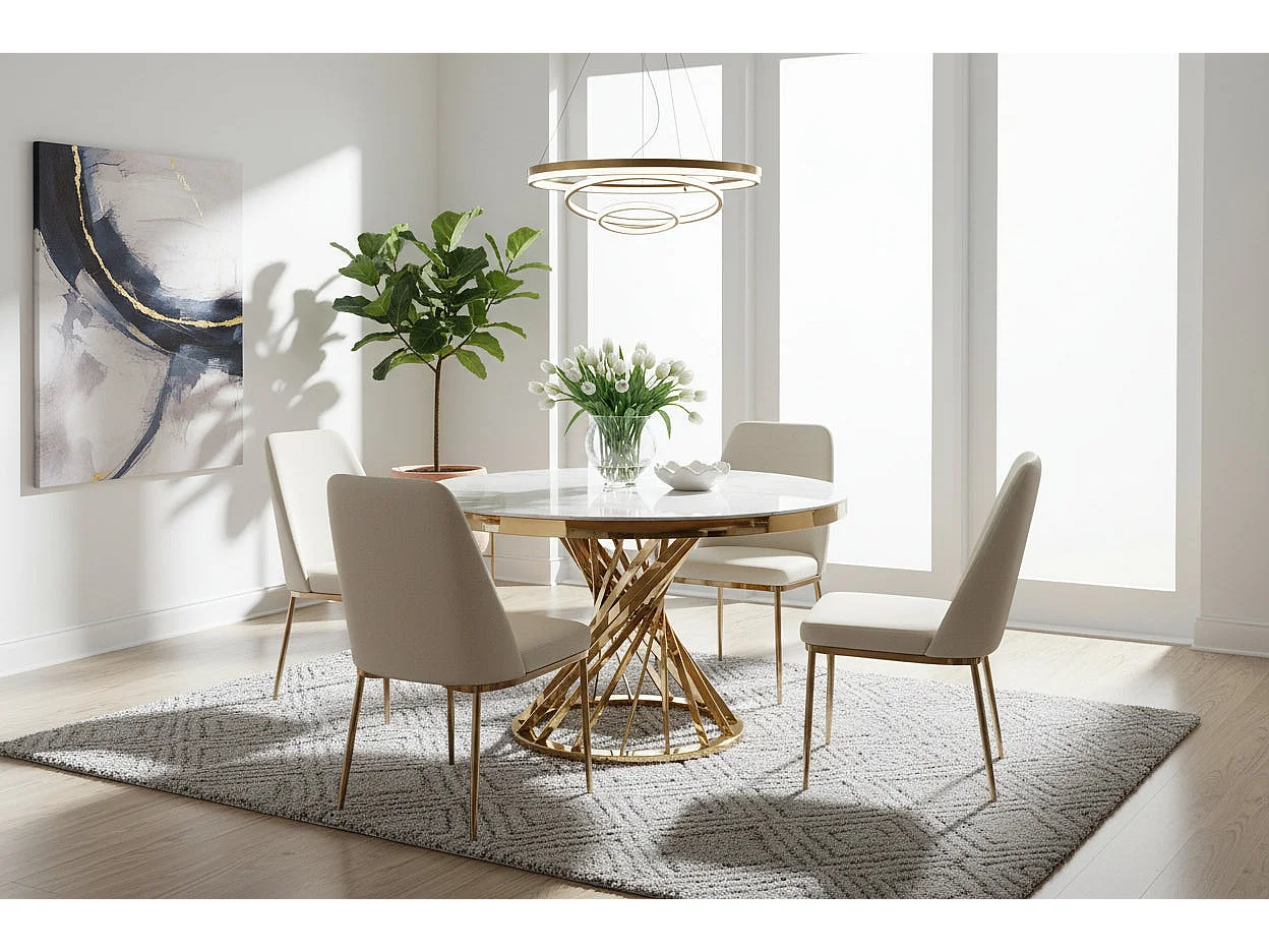 Table à manger ronde en verre trempé effet marbre blanc Gold - NAUTILUS