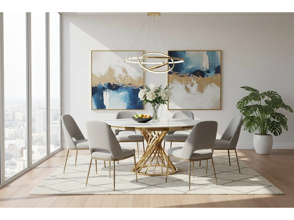 Table à manger ronde en verre trempé effet marbre blanc Gold - NAUTILUS