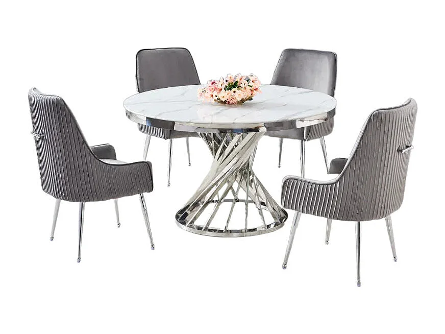 Table à manger ronde en verre trempé effet marbre blanc Chrome - NAUTILUS