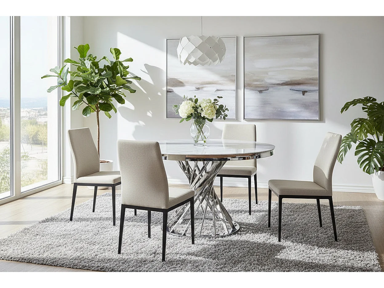 Table à manger ronde en verre trempé effet marbre blanc Chrome - NAUTILUS