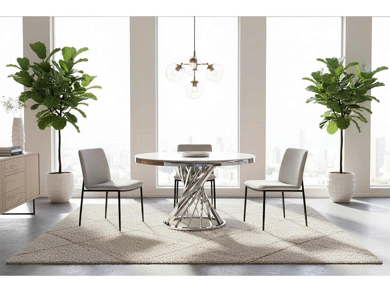 Table à manger ronde en verre trempé effet marbre blanc Chrome - NAUTILUS