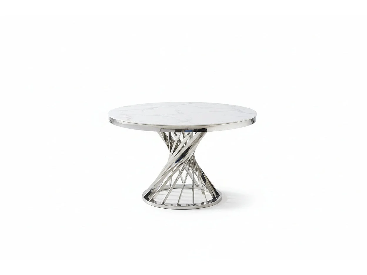 Table à manger ronde en verre trempé effet marbre blanc Chrome - NAUTILUS