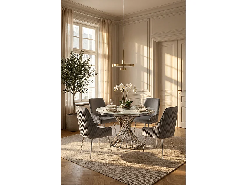 Table à manger ronde en verre trempé effet marbre blanc Chrome - NAUTILUS