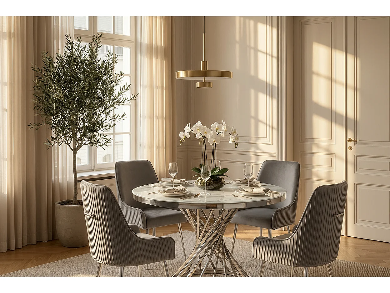 Table à manger ronde en verre trempé effet marbre blanc Chrome - NAUTILUS