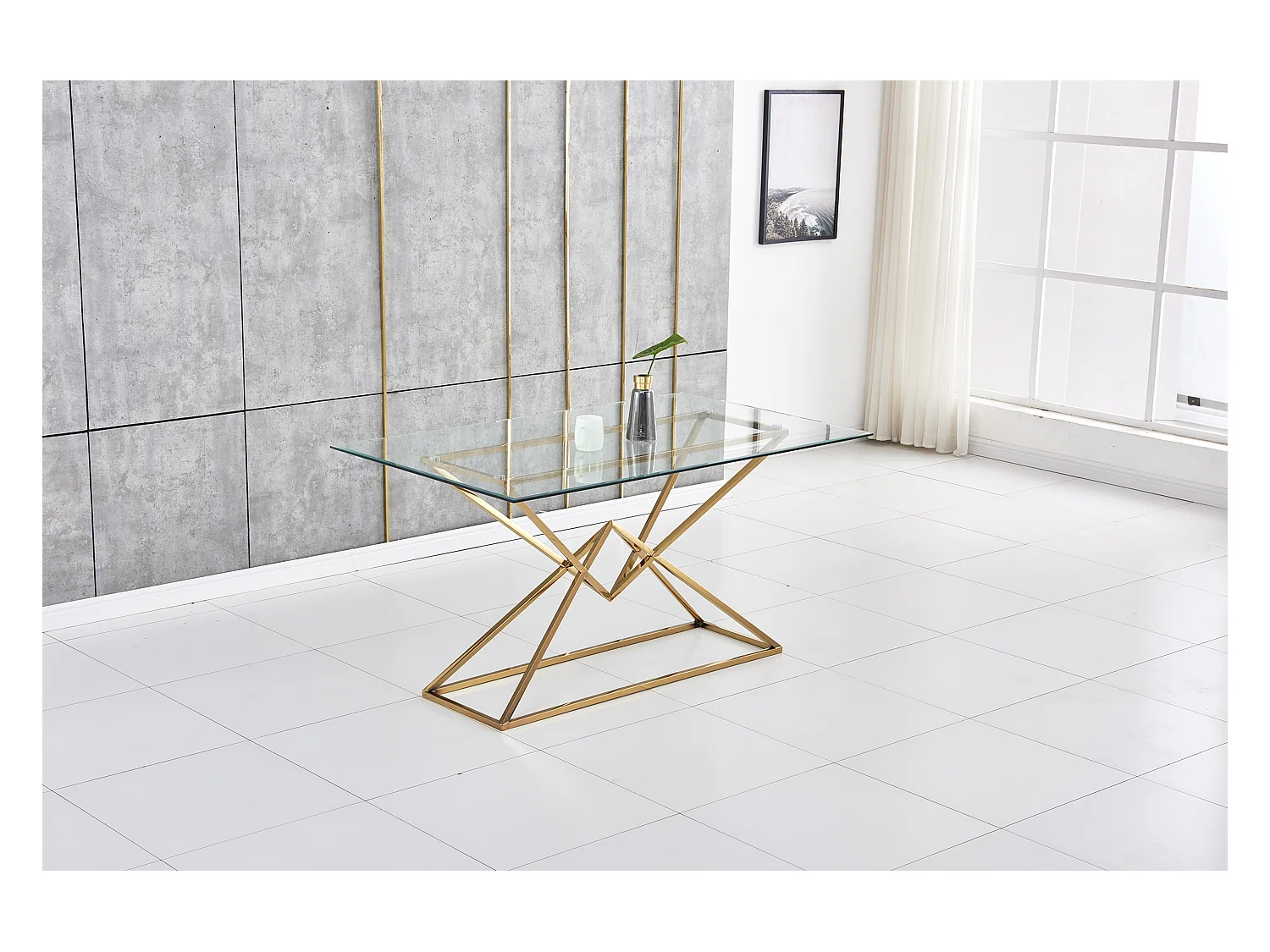 Table à manger PYRAMIDE plateau en verre et structure en Gold pour 4 à 8 personnes