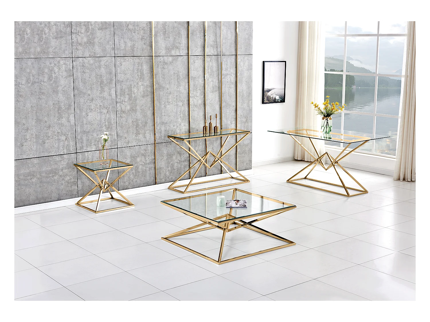 Table à manger PYRAMIDE plateau en verre et structure en Gold pour 4 à 8 personnes