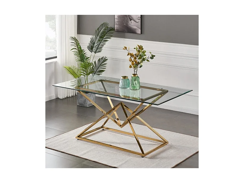 Table à manger PYRAMIDE plateau en verre et structure en Gold pour 4 à 8 personnes
