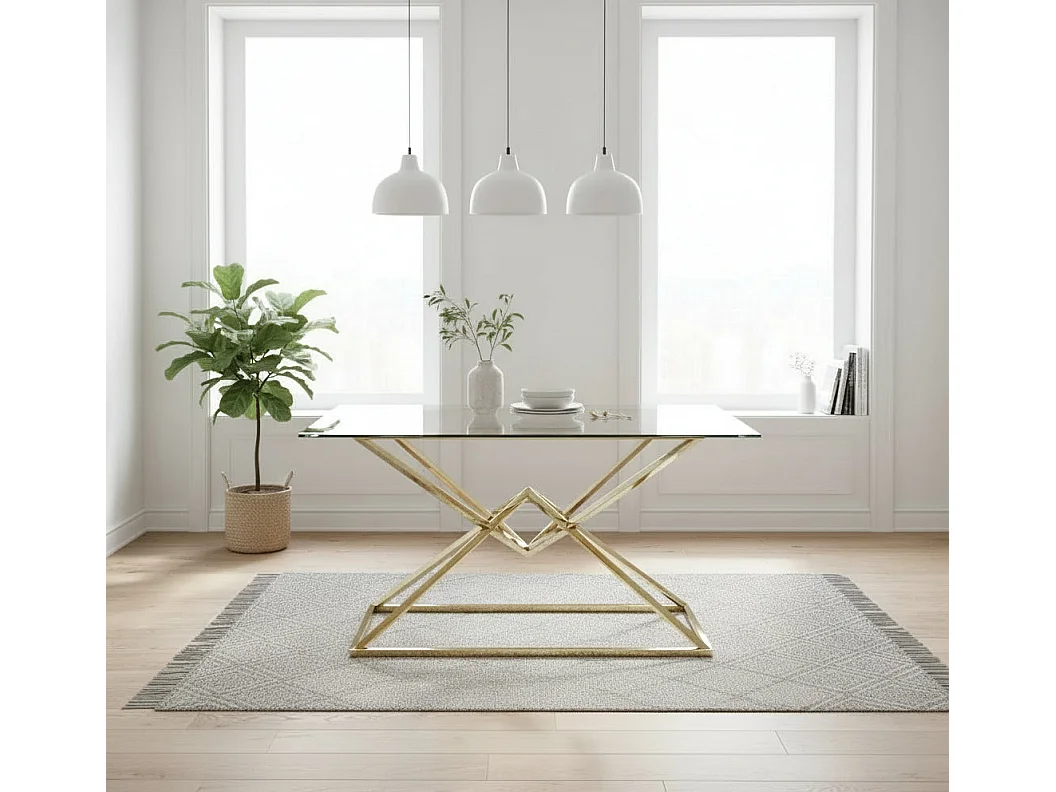 Table à Manger Rectangulaire Verre Transparent Pieds Gold – 150×90 cm – PYRAMIDE