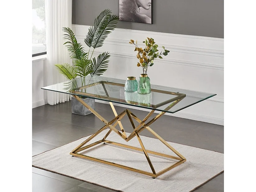 Table à Manger Rectangulaire Verre Transparent Pieds Gold – 150×90 cm – PYRAMIDE