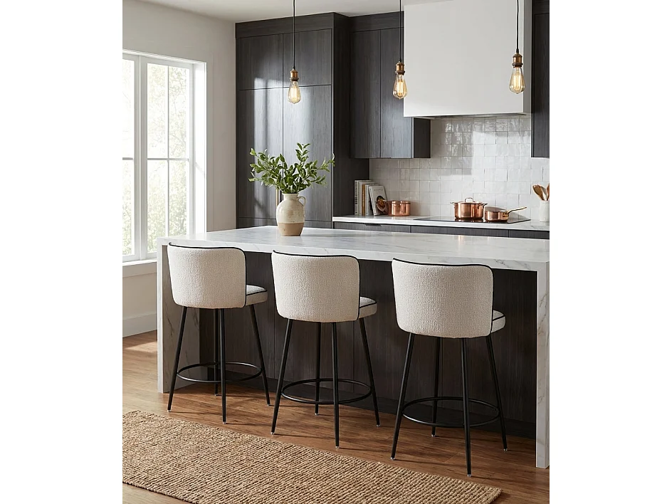 Lot de 2 tabourets de bar tissu écru pieds métal noir H74 cm CATHY