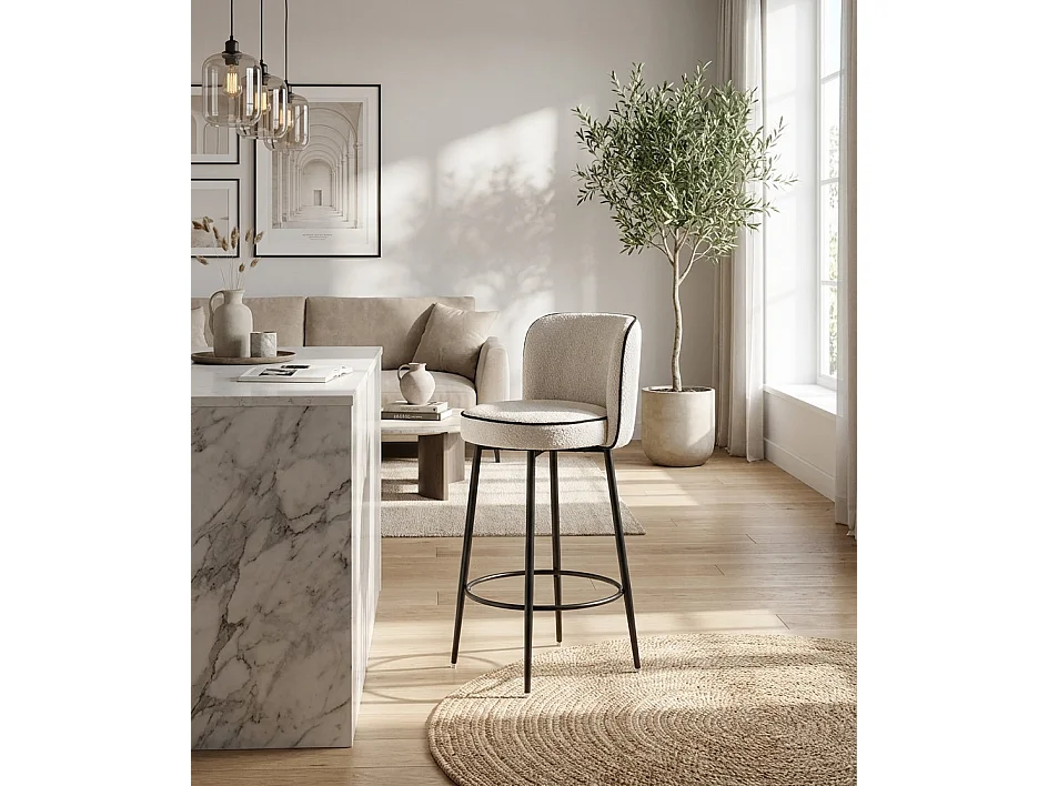 Lot de 2 tabourets de bar tissu écru pieds métal noir H74 cm CATHY