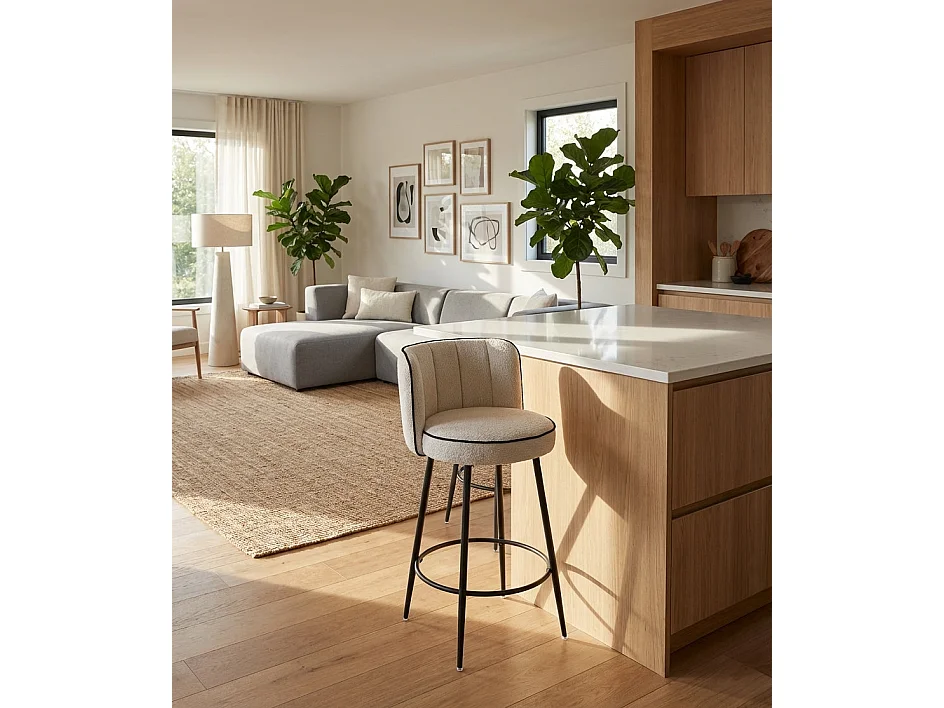 Lot de 2 tabourets de bar tissu écru pieds métal noir H74 cm CATHY