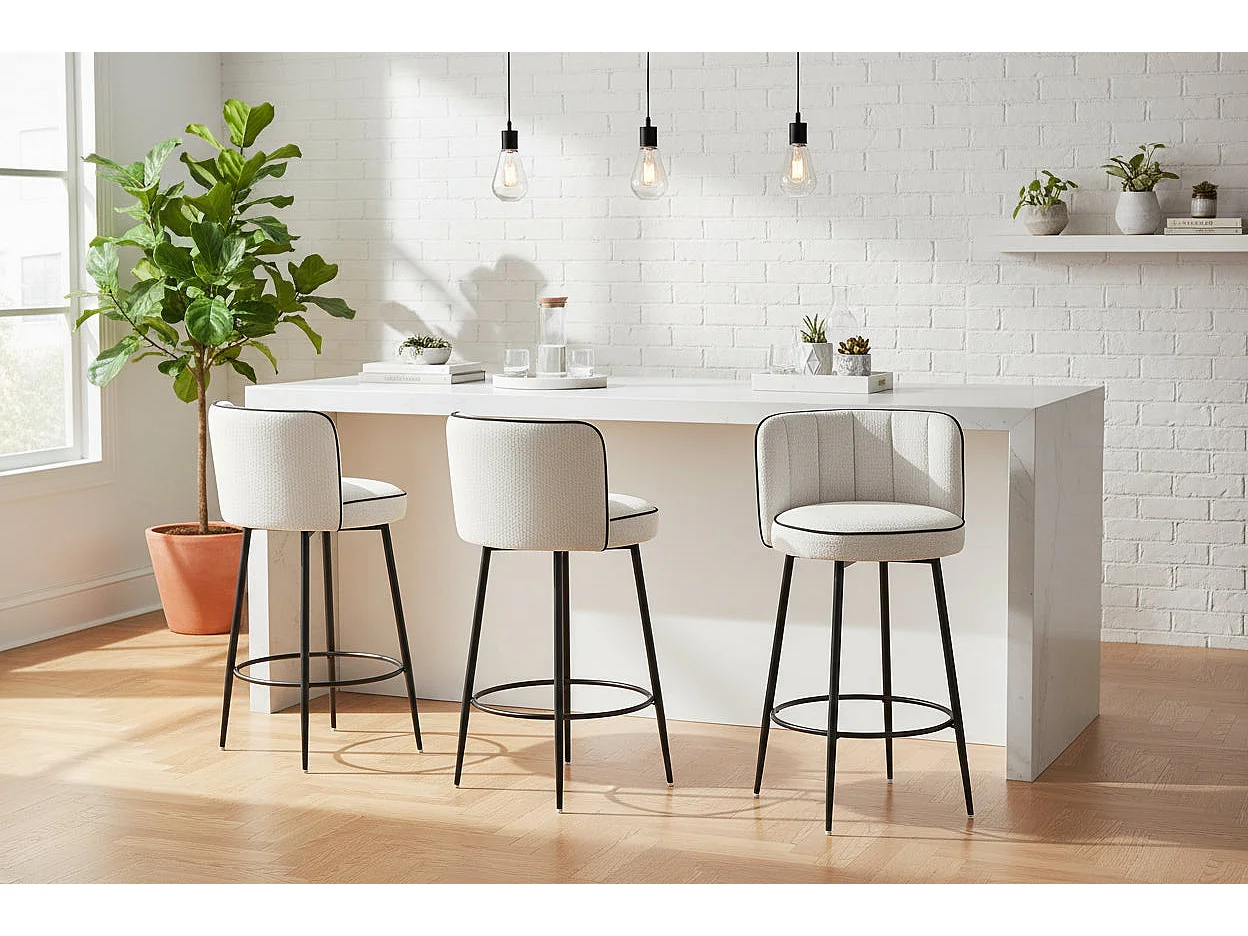 Lot de 2 tabourets de bar tissu écru pieds métal noir H74 cm CATHY