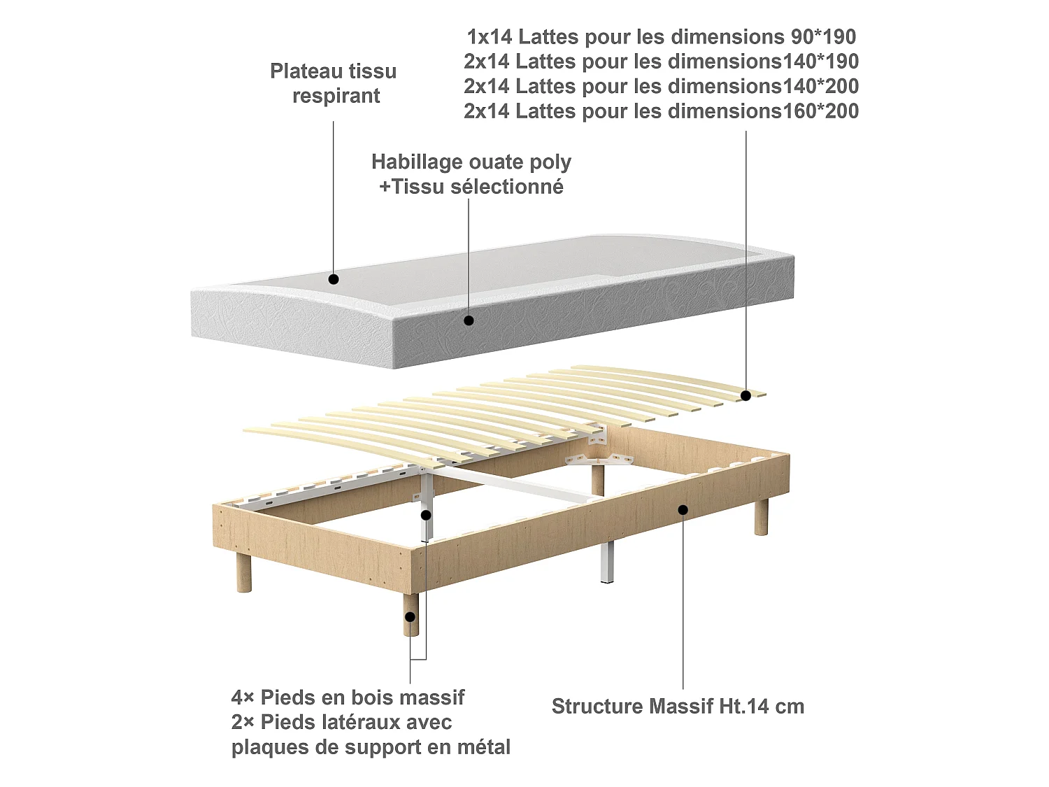 Lattenbodem 90x190 cm, 6 poten, 14 latten