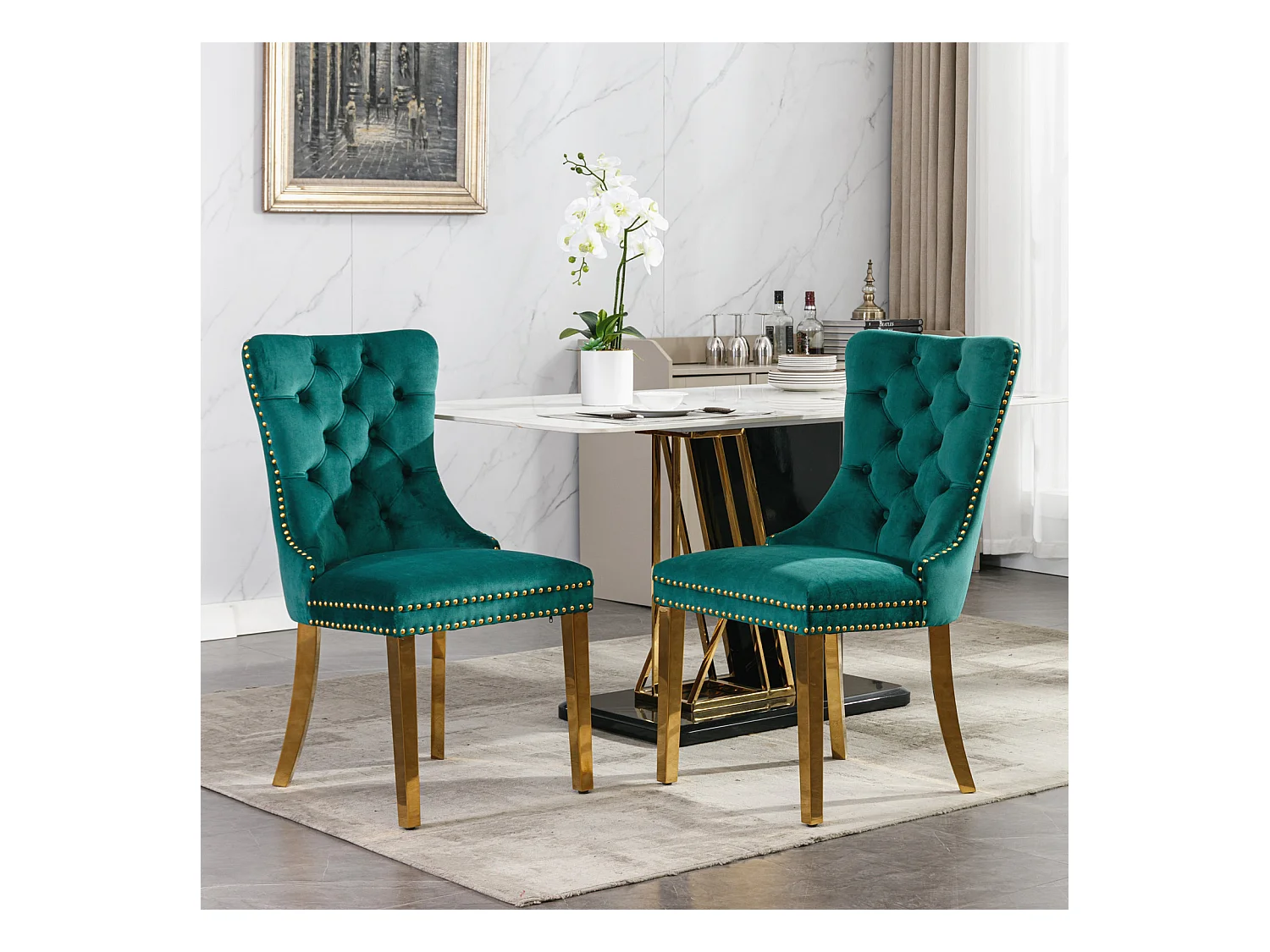 Zestaw 2 krzeseł jadalnianych z zielonego aksamitu z tapicerowanym oparciem i złotymi metalowymi nogami