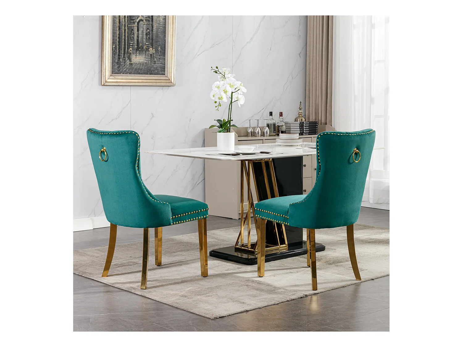 Zestaw 2 krzeseł jadalnianych z zielonego aksamitu z tapicerowanym oparciem i złotymi metalowymi nogami