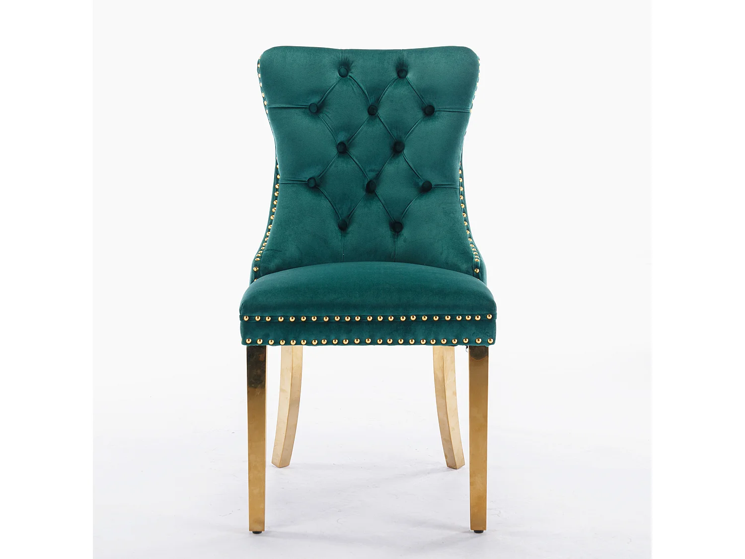 Zestaw 2 krzeseł jadalnianych z zielonego aksamitu z tapicerowanym oparciem i złotymi metalowymi nogami