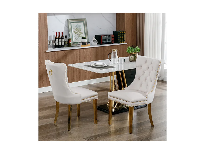 Set di 2 sedie da pranzo in velluto beige con schienale imbottito e gambe in metallo dorato