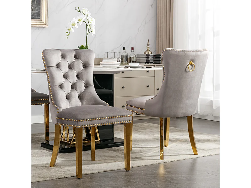 Lot de 2 chaises de salle à manger en velours gris avec dossier rembourré et pieds en métal doré