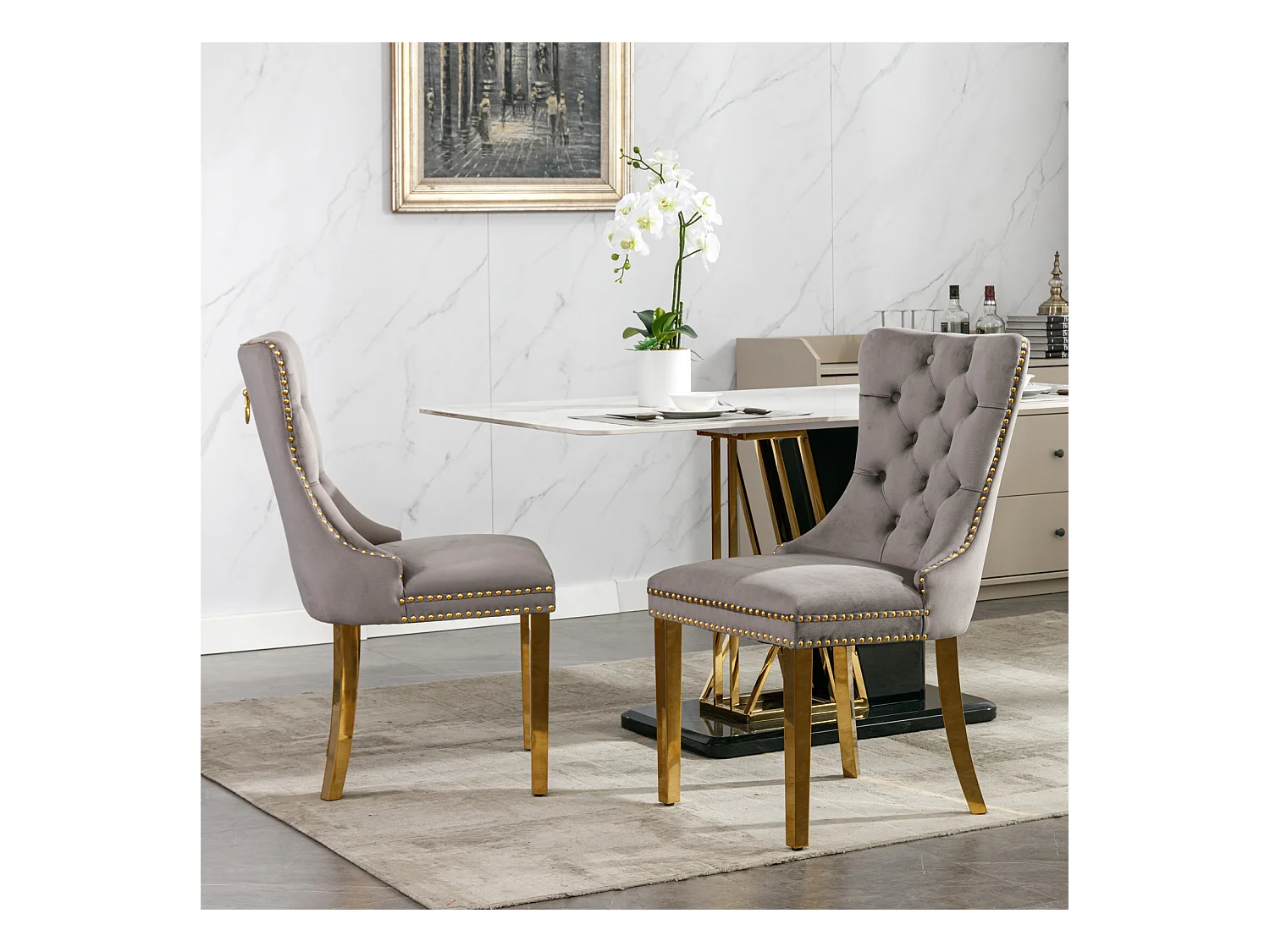 Zestaw 2 krzeseł jadalnianych z szarego aksamitu z tapicerowanym oparciem i złotymi metalowymi nogami