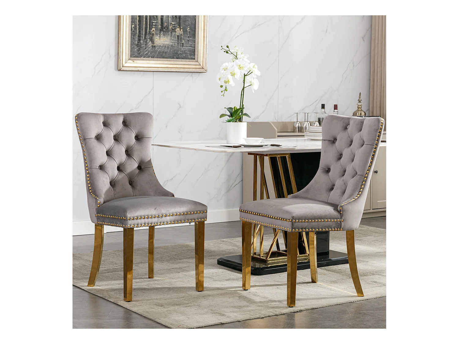 Zestaw 2 krzeseł jadalnianych z szarego aksamitu z tapicerowanym oparciem i złotymi metalowymi nogami