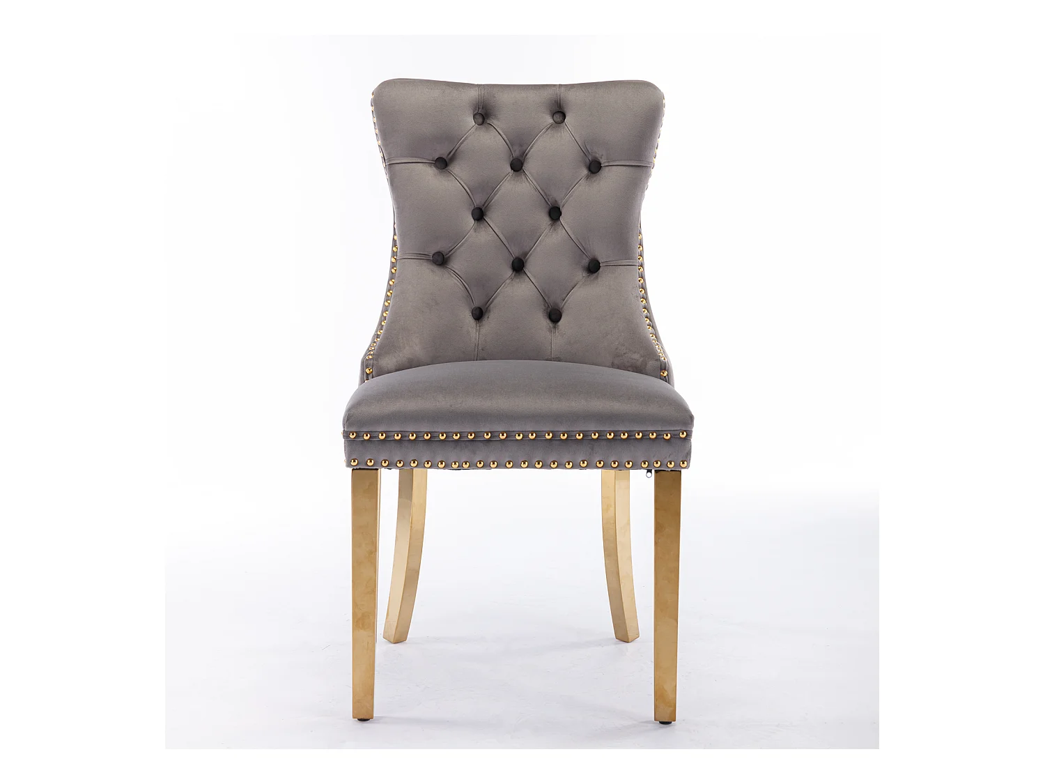 Zestaw 2 krzeseł jadalnianych z szarego aksamitu z tapicerowanym oparciem i złotymi metalowymi nogami