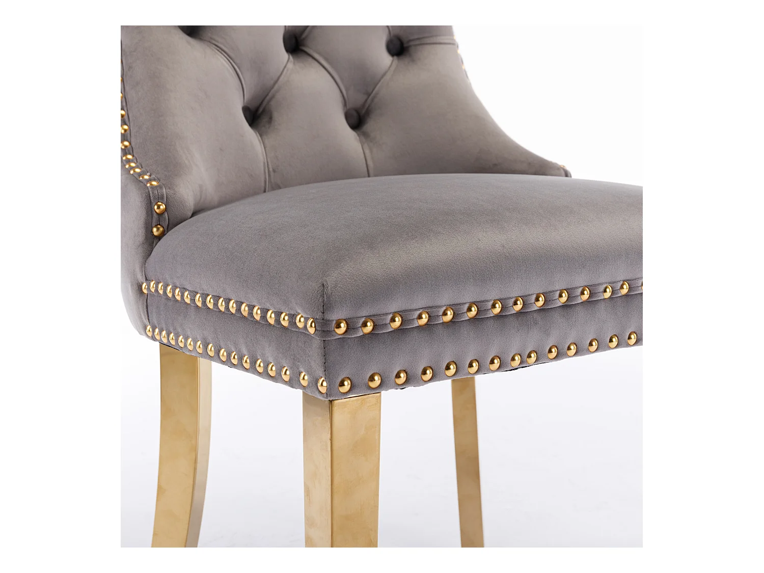 Zestaw 2 krzeseł jadalnianych z szarego aksamitu z tapicerowanym oparciem i złotymi metalowymi nogami