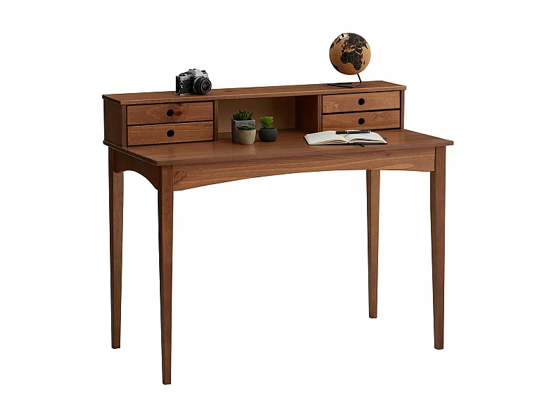 Bureau secrétaire MILANO en pin massif avec 4 tiroirs et 1 niche, bois lasuré brun foncé