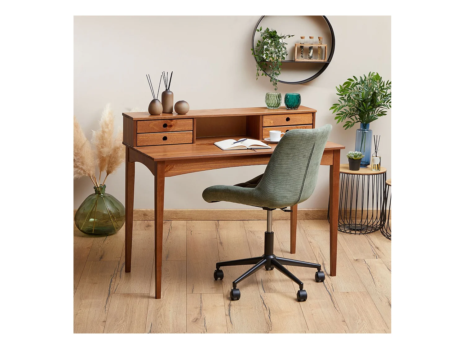 Bureau secrétaire MILANO en pin massif avec 4 tiroirs et 1 niche, bois lasuré brun foncé