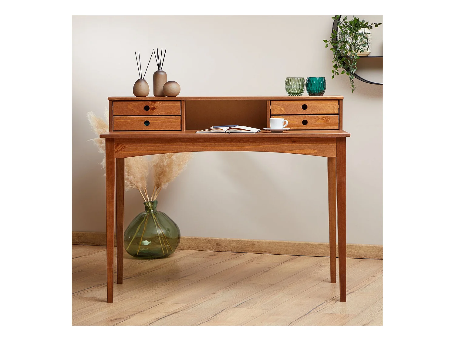 Bureau secrétaire MILANO en pin massif avec 4 tiroirs et 1 niche, bois lasuré brun foncé