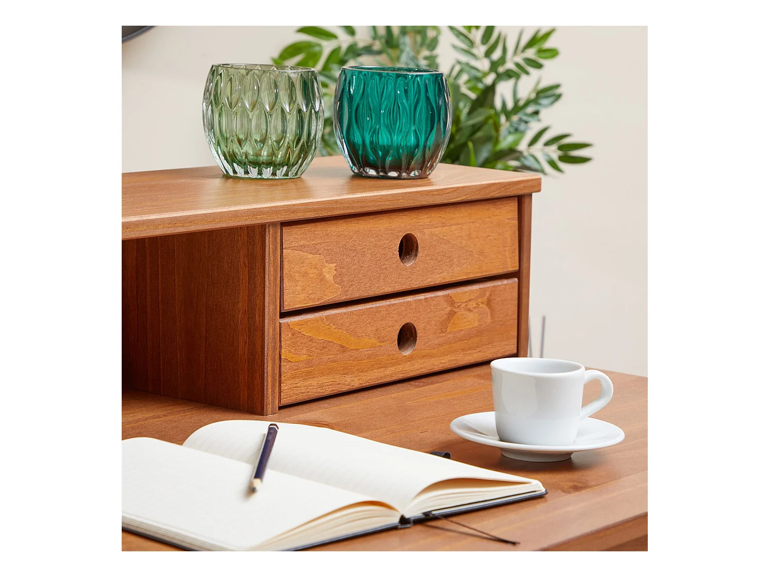 Bureau secrétaire MILANO en pin massif avec 4 tiroirs et 1 niche, bois lasuré brun foncé