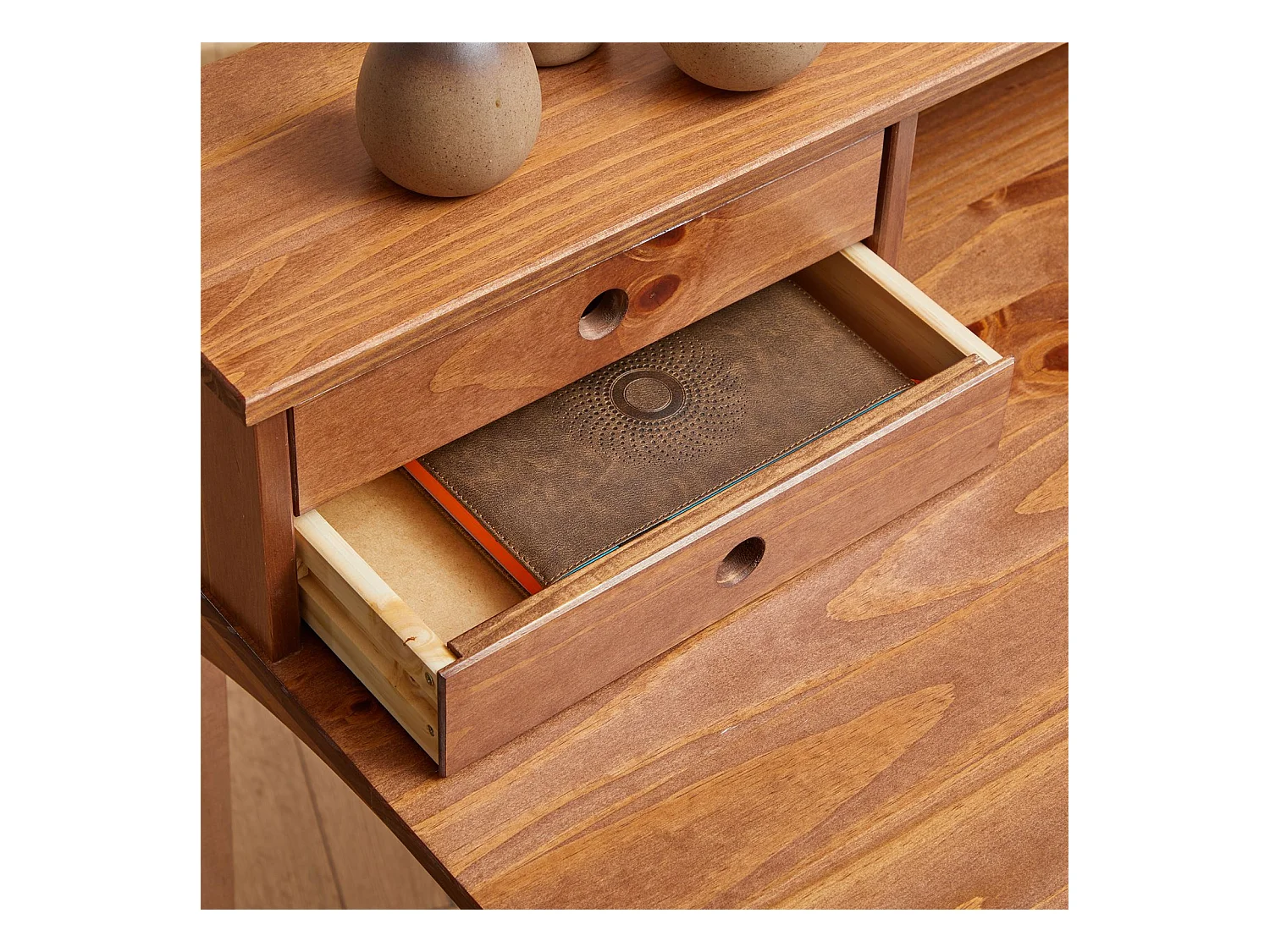 Bureau secrétaire MILANO en pin massif avec 4 tiroirs et 1 niche, bois lasuré brun foncé