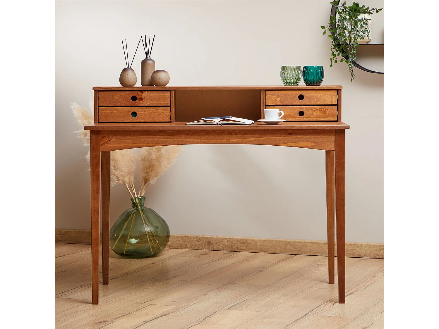 Bureau secrétaire MILANO en pin massif avec 4 tiroirs et 1 niche, bois lasuré brun foncé