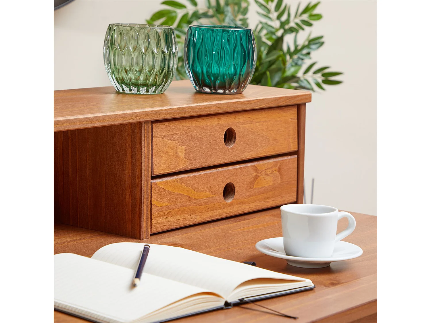 Bureau secrétaire MILANO en pin massif avec 4 tiroirs et 1 niche, bois lasuré brun foncé