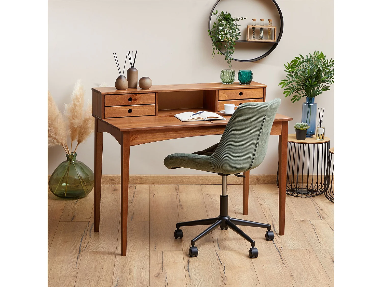 Bureau secrétaire MILANO en pin massif avec 4 tiroirs et 1 niche, bois lasuré brun foncé