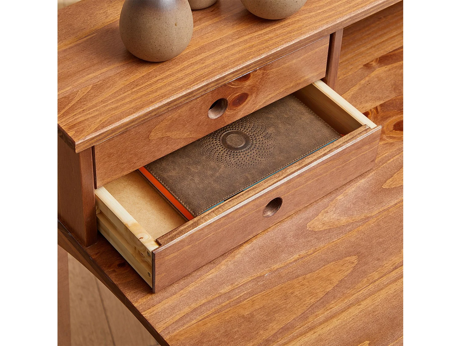 Bureau secrétaire MILANO en pin massif avec 4 tiroirs et 1 niche, bois lasuré brun foncé