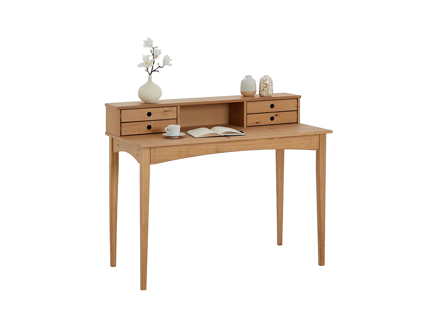 Bureau secrétaire MILANO en pin massif avec 4 tiroirs et 1 niche, bois lasuré brun