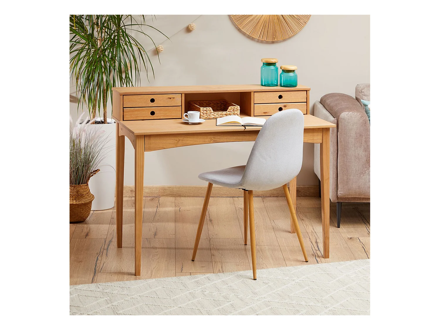 Bureau secrétaire MILANO en pin massif avec 4 tiroirs et 1 niche, bois lasuré brun