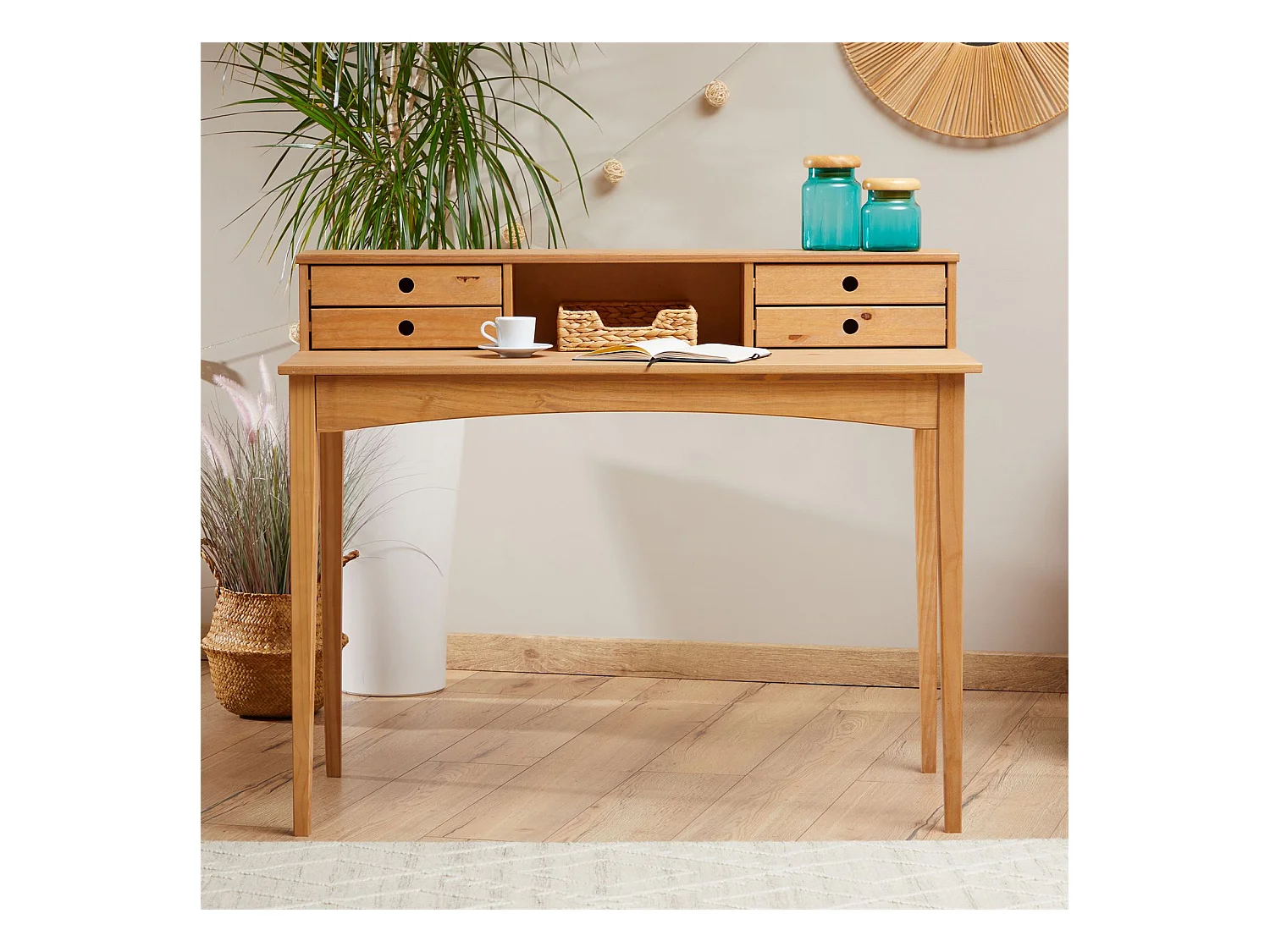 Bureau secrétaire MILANO en pin massif avec 4 tiroirs et 1 niche, bois lasuré brun