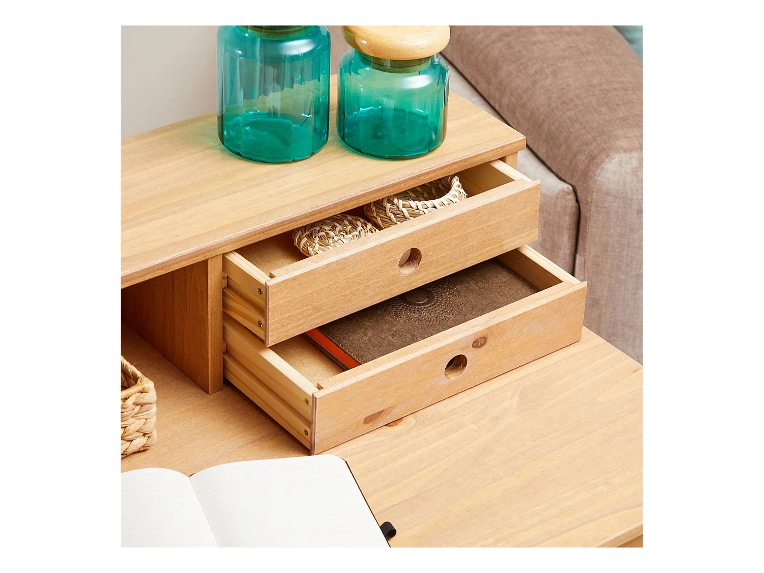 Bureau secrétaire MILANO en pin massif avec 4 tiroirs et 1 niche, bois lasuré brun