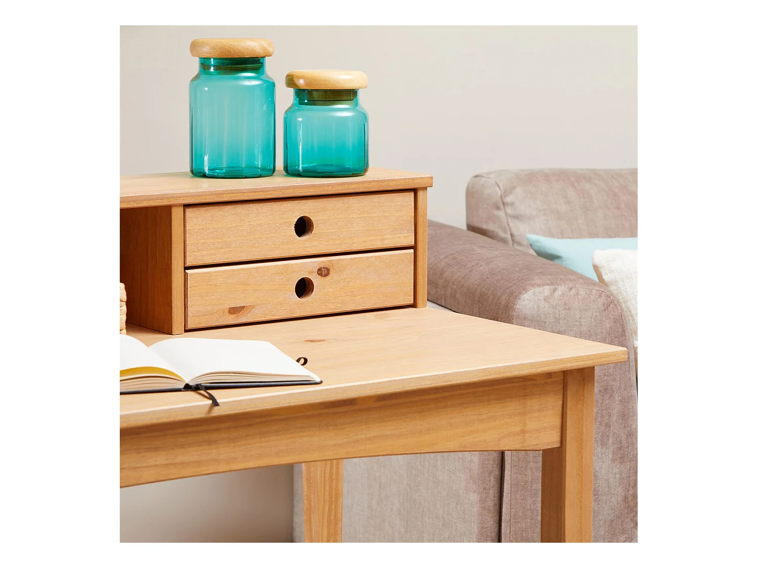 Bureau secrétaire MILANO en pin massif avec 4 tiroirs et 1 niche, bois lasuré brun