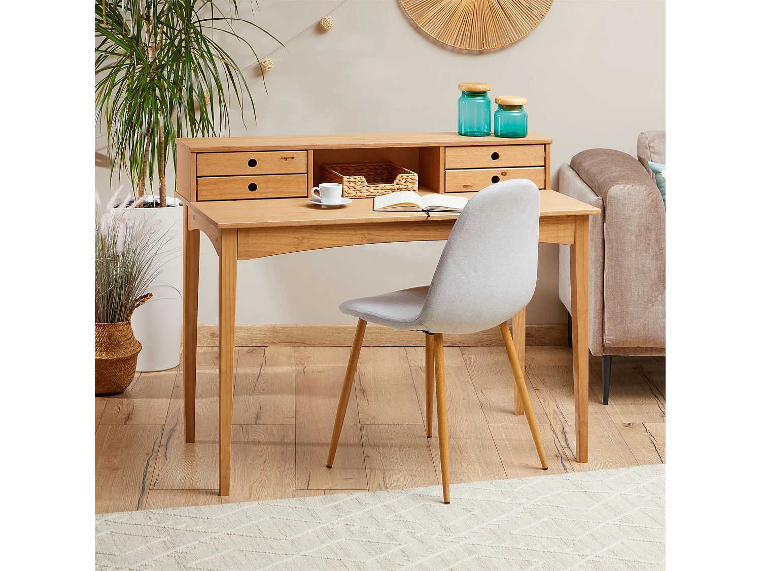 Bureau secrétaire MILANO en pin massif avec 4 tiroirs et 1 niche, bois lasuré brun